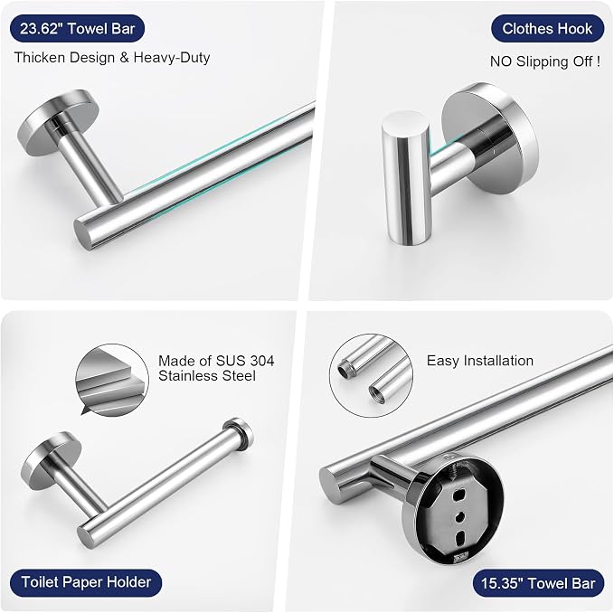 5 Pieces Bathroom Hardware Set, 23.6-inch+15.35-inch Bathroom Towel bar SUS304 - Image 3