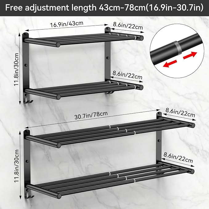 Black Adjustable Towel Bar for Bathroom Wall Mount17-30.7inch Adhesive Shower - Image 3