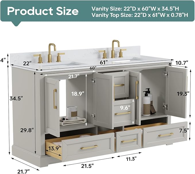 60 Inch Bathroom Vanity with Double Sink Combo, Solid Wood Frame with Mable Top - Image 2