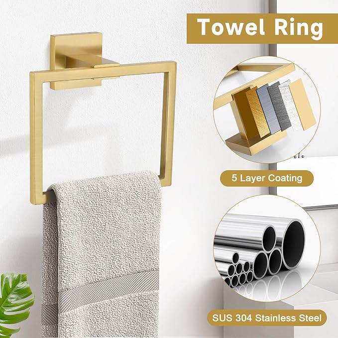 TNOMS Brushed Gold 10 Pieces Bathroom Hardware Accessories Set Towel Bar Set - Image 3