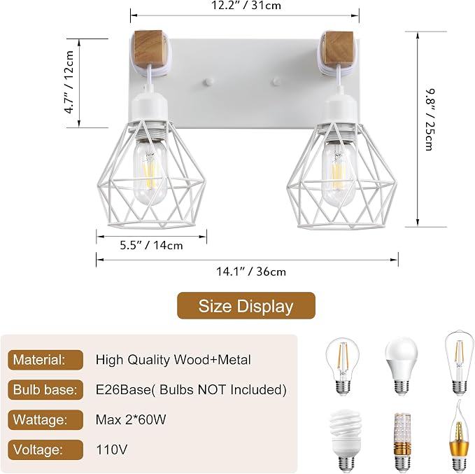 Farmhouse Vanity Light for Bathroom, 2-Light White Wood Bathroom Vanity Light - Image 4