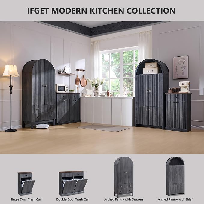 71" Tall Arched Kitchen Pantry, Modern Fluted Wood Storage Cabinet - Image 6