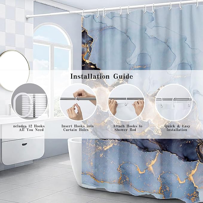 Domoku Blue Marble Shower Curtain 72x72 – Blue and Gold Waterproof Fabric - Image 4