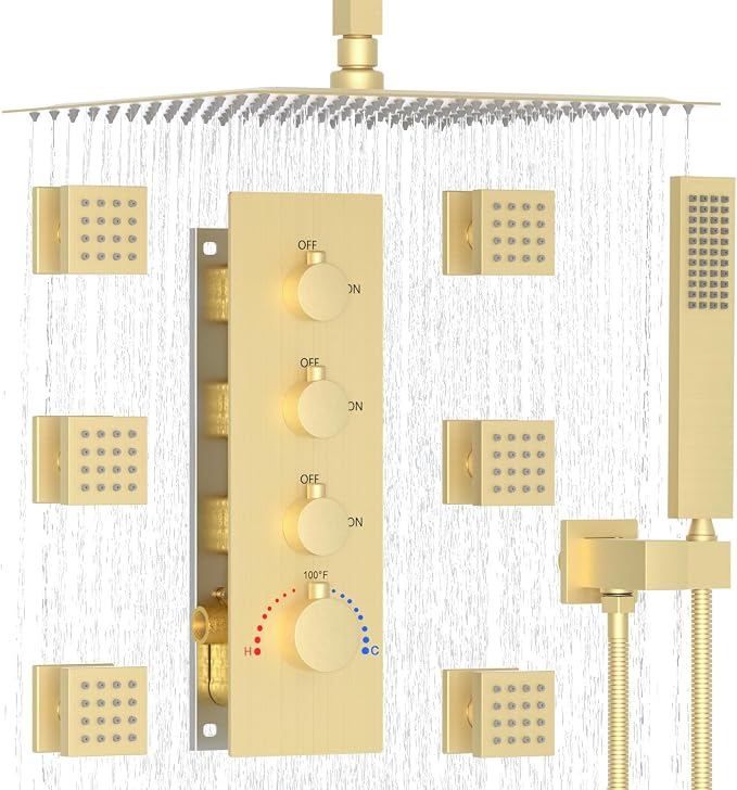 Enga Luxury Brushed Gold Shower System, 16 Inch Rain Shower Head by Enga