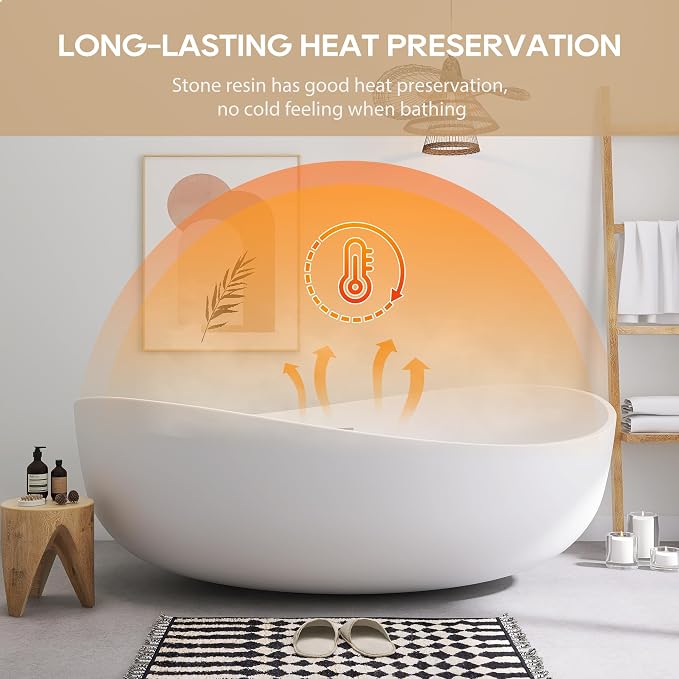 SJ STAR&JANE 71" Solid Surface Freestanding Bathtub, Oval Soaking Stone Resin - Image 3