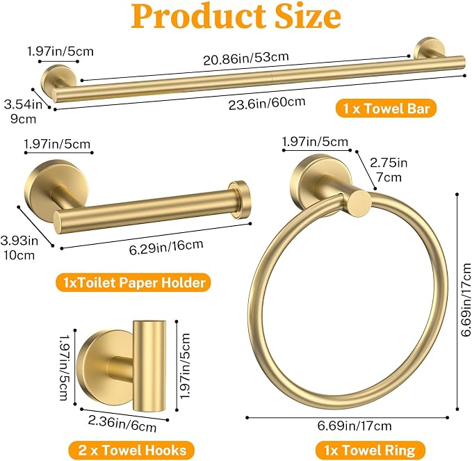 Brushed Gold Towel Bar Set 5 Pieces Round Bathroom Hardware Set Includes 23.6in - Image 6