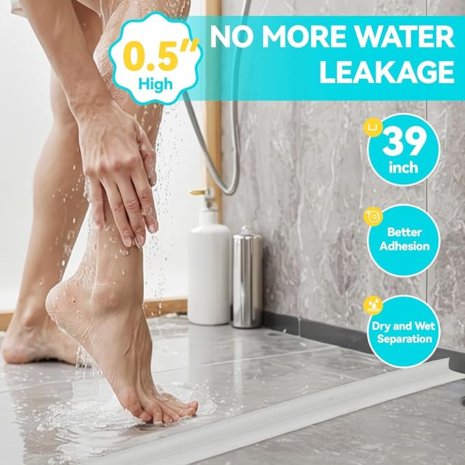 Shower Threshold Water Dam Barrier 39", Silicone Sealant Included, Collapsible - Image 2