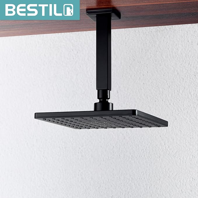 BESTILL 6 Inch Matte Black Ceiling Mount Shower Arm and Flange, Square Rain - Image 3