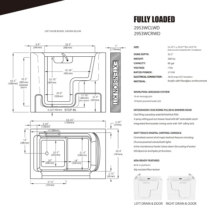 ANZZI Walk In Tub for Seniors 29"x53" Left Drain ADA Wheelchair Accessible - Image 9