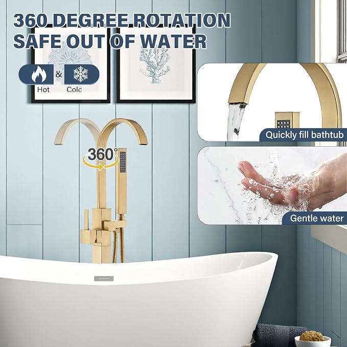 Freestanding Bathtub Faucet Floor Mounted Tub Filler Brushed Gold Single Handle - Image 3