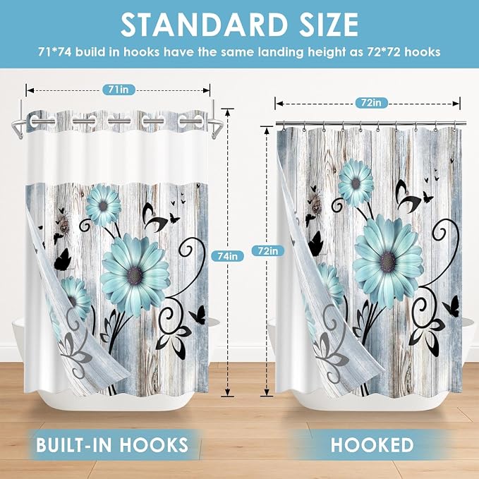 No Hook Teal Flower Shower Curtain - Image 7