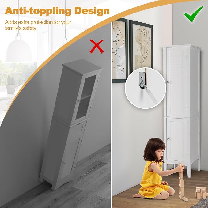 COSTWAY Tall Bathroom Storage Cabinet, 5-Tier Freestanding Linen Tower Cabinet - Image 6