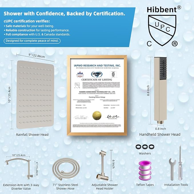 Hibbent All Metal CUPC Certified 10'' Rainfall Shower Head, Dual Shower Head - Image 4