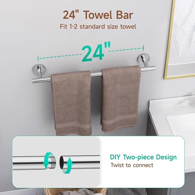 USHOWER Polished Chrome Bathroom Accessories Set, 24-Inch Towel Bar Set Wall - Image 2