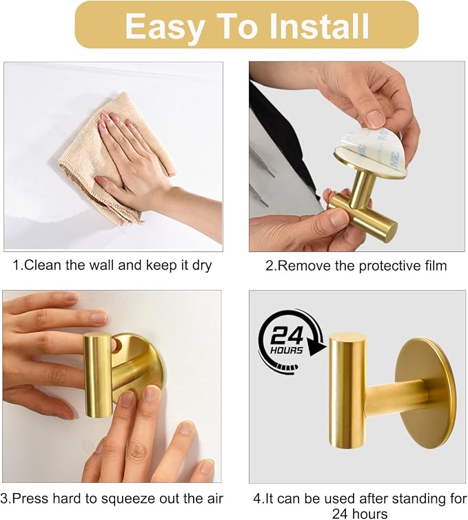 Vuzvuv Adhesive Brushed Gold Hooks, SUS304 Stainless Steel Self-Adhesive Towel - Image 5
