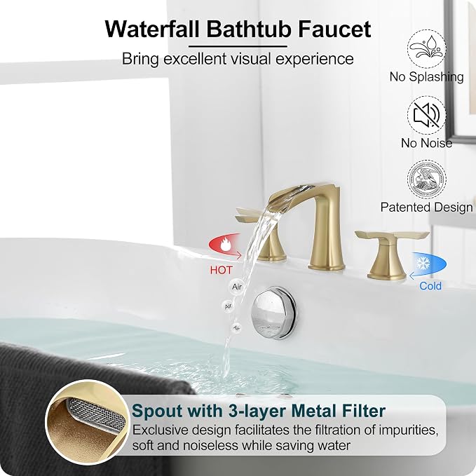 Brass Waterfall Tub Faucet, 3 Hole Brushed Gold Bathtub Faucet Set, 6-16 Inch - Image 2