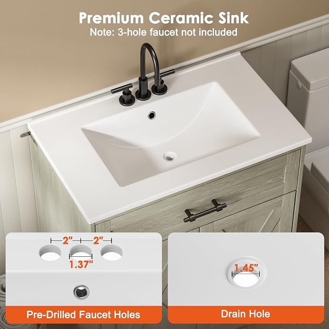 Amada 30″ Bathroom Vanity with Ceramic Sink, Farmhouse Undermount Vanity Sink - Image 5