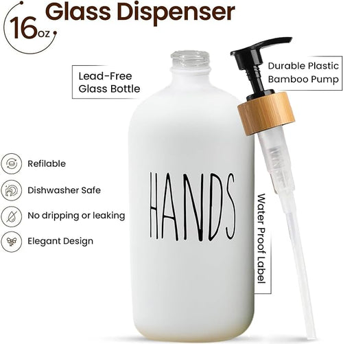 16 OZ Thick White & Black Glass Soap Dispenser, Bamboo Pump - Image 2