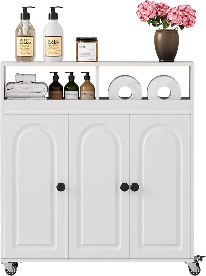 Bathroom Storage Cart with Doors，3-Door Cabinet & Divided Open Shelf，Rolling - Image 7