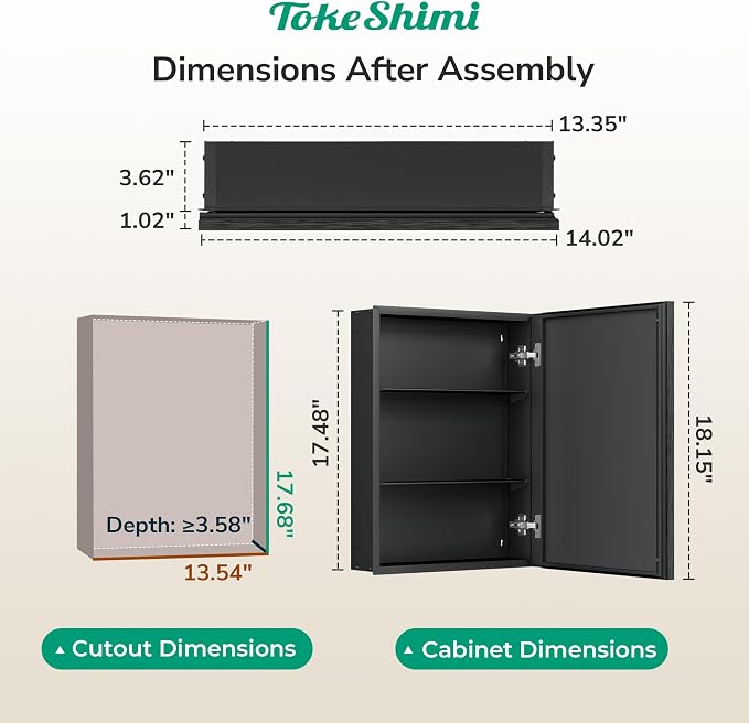 TokeShimi 14 x 18 Recessed Medicine Cabinet, Assembly Required, Stepless - Image 2