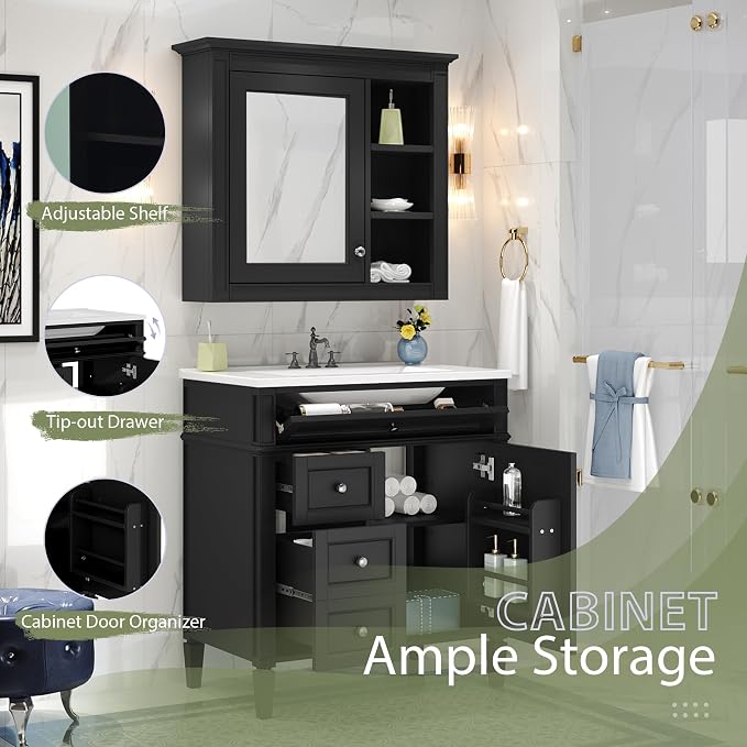 30" Bathroom Vanity with Matching Medicine Cabinet, Modern Sink Storage Cabinet - Image 4