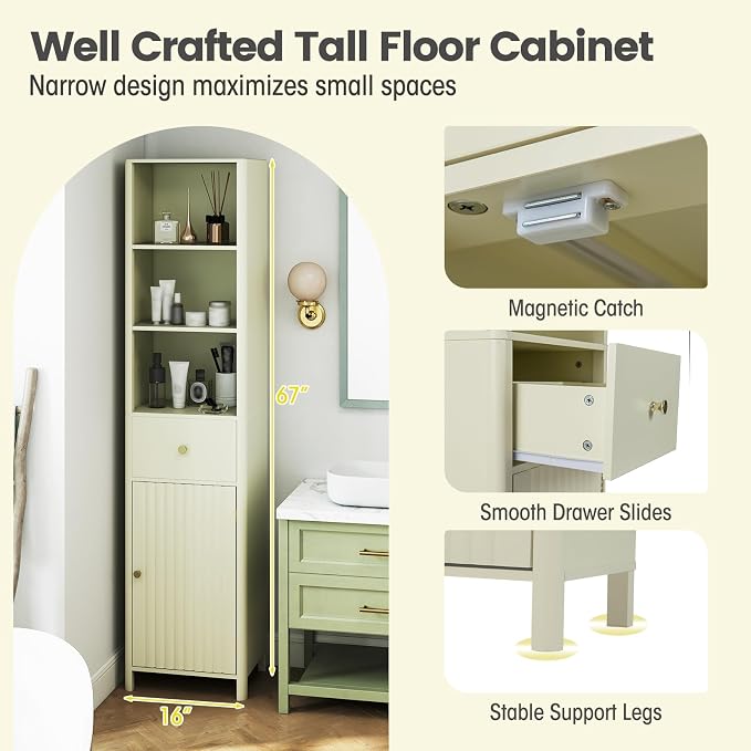 Tangkula 67" Tall Bathroom Cabinet, Narrow Floor Cabinet w/Fluted Door - Image 7