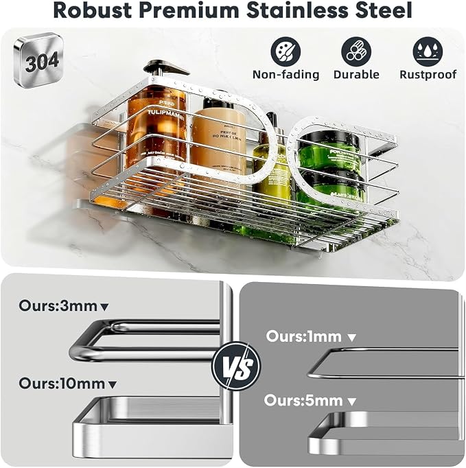 Shower Caddy 3 Pack Adhesive 304 Stainless Steel Shelves No Drill Durable Large - Image 2