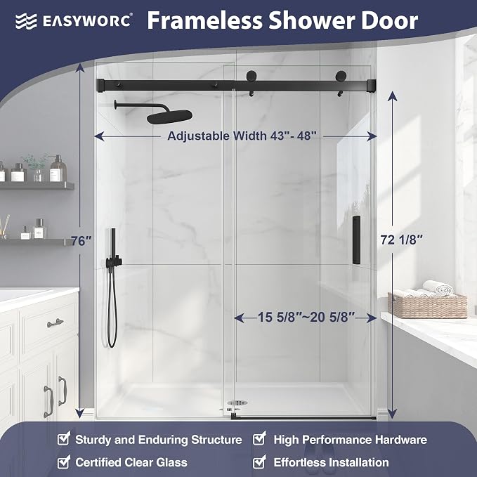 Frameless Shower Door, 43-48" W x 76" H Sliding Glass Shower Door, 1/4''(6mm - Image 5