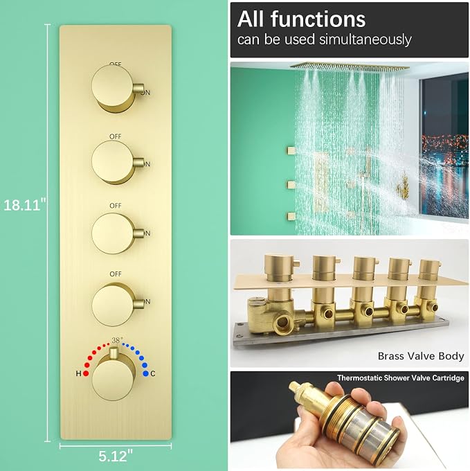 HOMEDEC 4 Way Shower Valve Rough-In and Trim Kit, 5 Handle Control Thermostatic - Image 7
