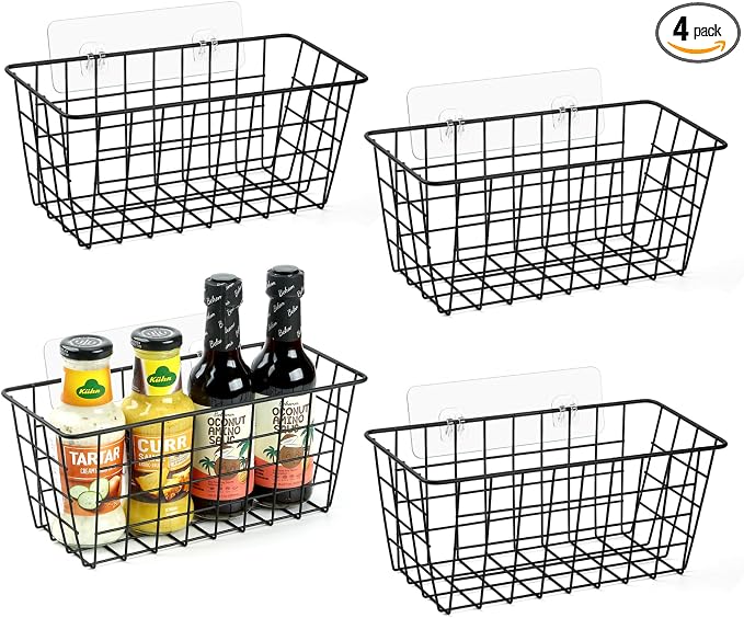 4 Pack Hanging Kitchen Baskets, Adhesive Wire Wall Storage Basket, No Drilling by ZUSHALLMY