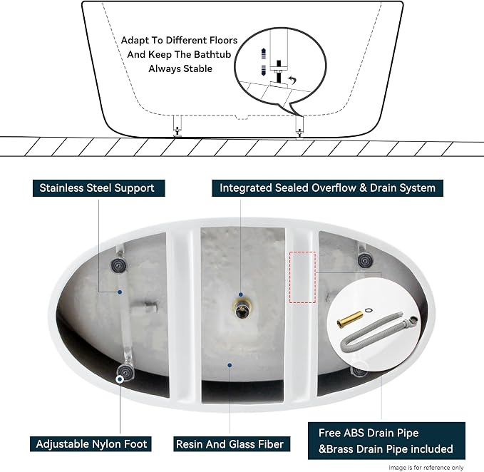 FerdY Tahiti 55" Acrylic Freestanding Bathtub, Elegant Oval Shape Soaking - Image 8