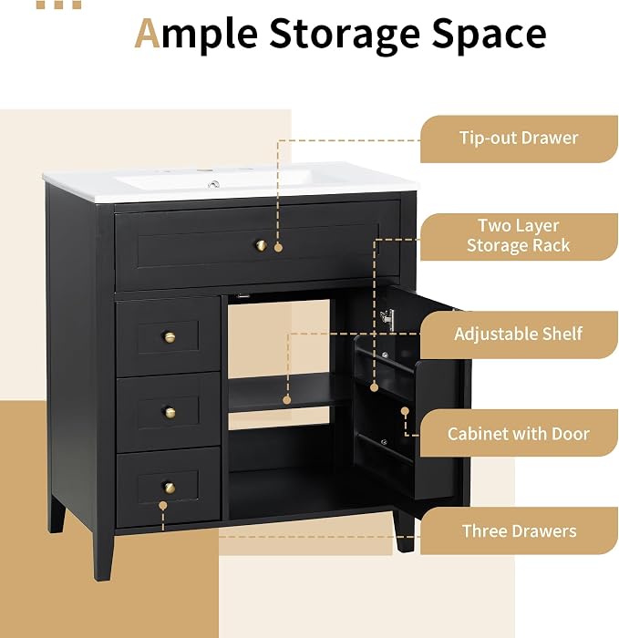 30" Bathroom Vanity with Sink Combo, Tip-Out Drawer, Solid Wood & MDF Modern - Image 5
