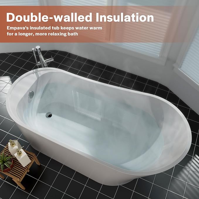 Empava 67 Inch Freestanding Bathtub, Luxury Acrylic Soaking Tub, Modern Stand - Image 4
