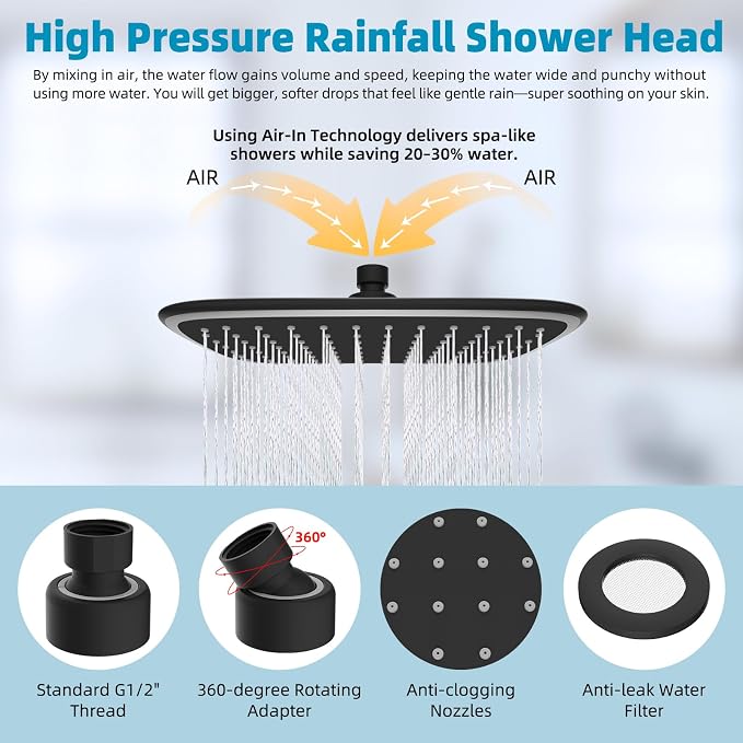 Rain Shower Head with 12" Shower Head Extension Arm, Metal Shower Arm Extender - Image 2