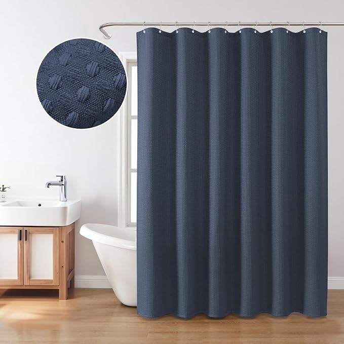 Inhousolu Fabric Shower Curtain Waffle Weave, Weighted Hem, 12 Metal Hooks - Image 7