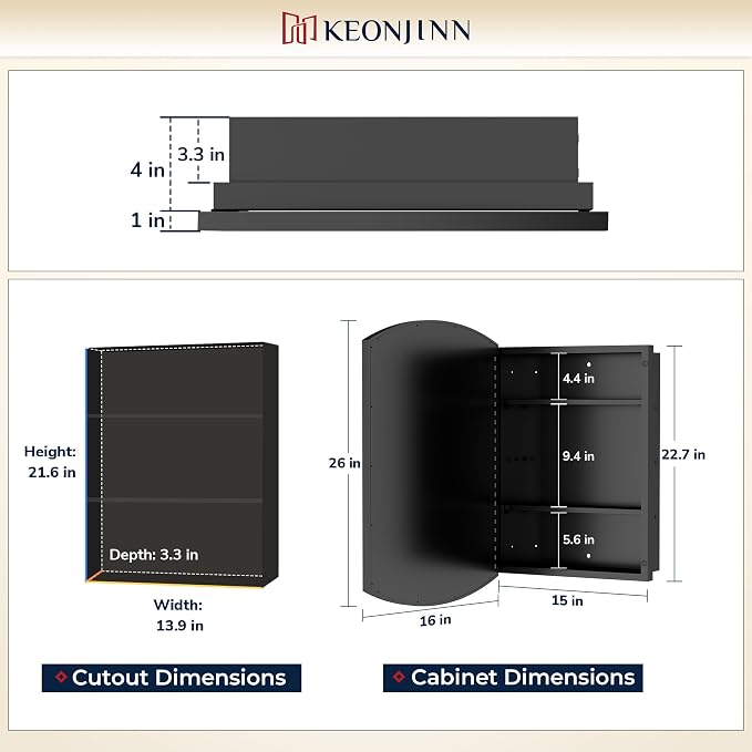 Keonjinn Black Medicine Cabinet 16 x 26 Inch, Surface Mount or Recessed - Image 2