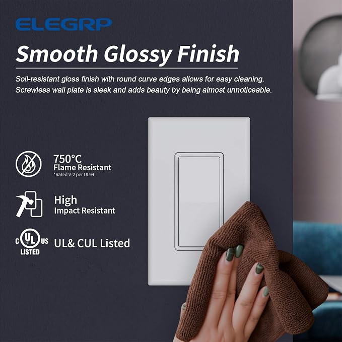 ELEGRP 1-Gang Screwless Decorator Wall Plates, Standard Size Unbreakable - Image 2