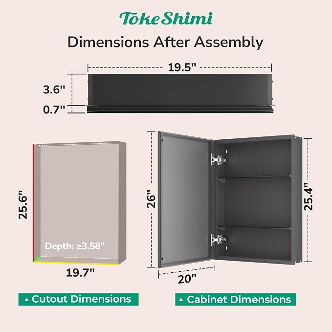 TokeShimi 20 x 26 Recessed Medicine Cabinet Mirror Black Tempered, Aluminum - Image 2