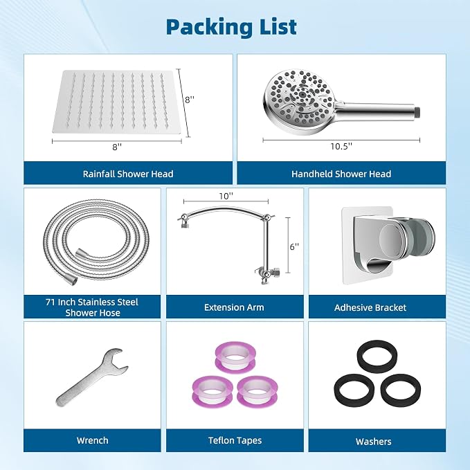 Hibbent All Metal Shower Head, 10 Sprays, Adhesive Showerhead Holder - Image 8