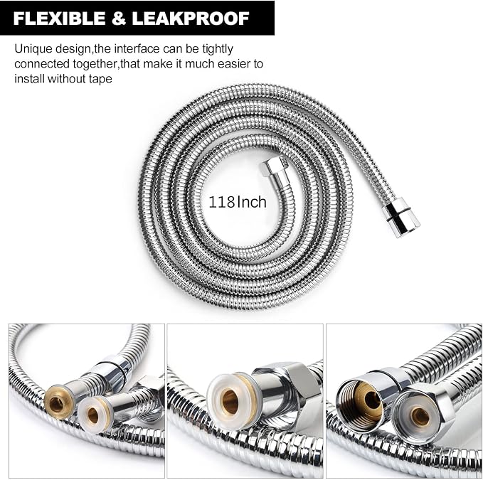 Shower Hose Extra Long 118 Inches Brushed Chrome Handheld Shower Head Hose - Image 3