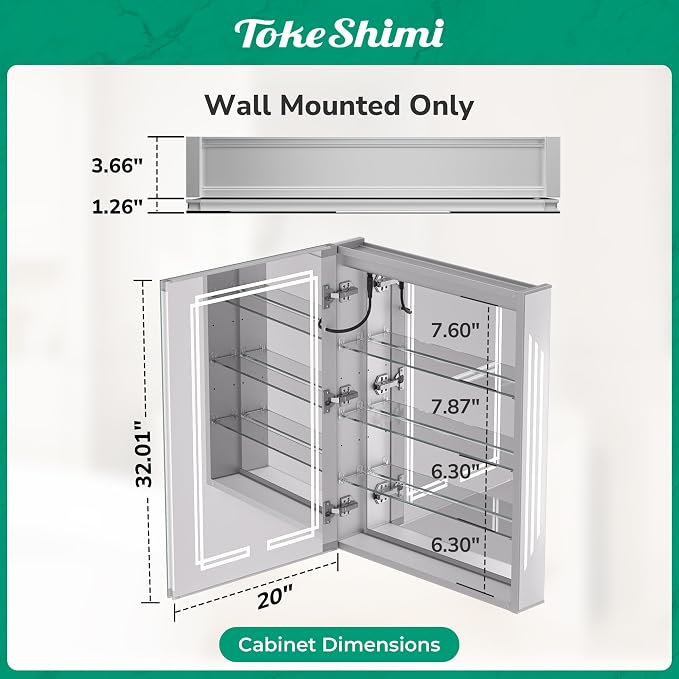 TokeShimi 20x32 Lighted Medicine Cabinet Mirrored, Anti-Fog Tempered Bathroom - Image 2