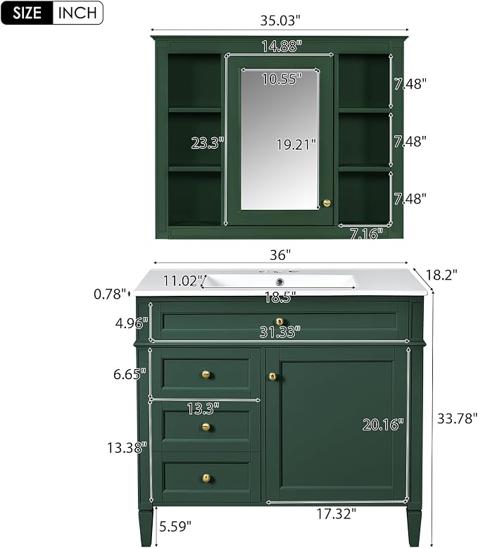 36" Bathroom Vanity with Matching Medicine Cabinet, Modern Sink Storage Cabinet - Image 2