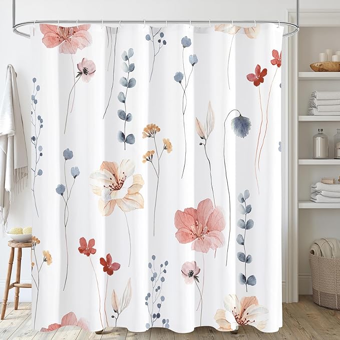 Gibelle Watercolor Floral Shower Curtain, Coral Beige Flower Shower Curtain by Gibelle