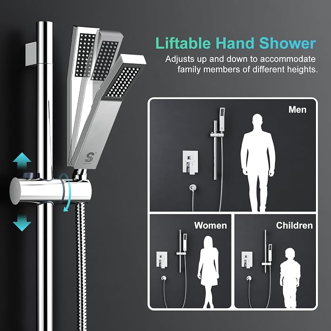 SR SUN RISE 10 Inch Square Shower Faucet, Adjustable 16-Inch Slide Bar Hand - Image 2