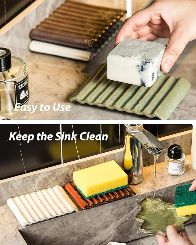 Soap Dish for Countertop with Self Drain, Ceramic Bar Soap Holder for Sink - Image 6