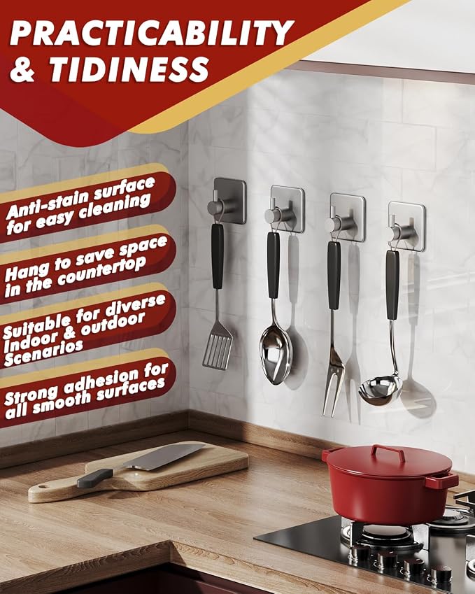 Adhesive Hooks Heavy Duty 30lb Wall Hooks, 5 Pack Damage Free Stainless Steel - Image 6