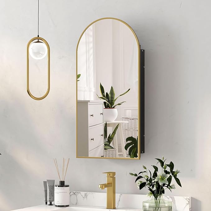 Recessed Medicine Cabinet, Brushed Brass Gold Arched Medicine Cabinet by Mepplzian