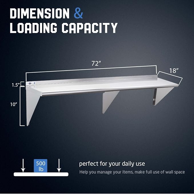 Profeeshaw NSF Stainless Steel Shelf 18” x 72”, 500 lb Commercial Shelves Wall - Image 3