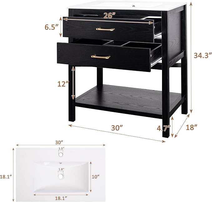 30 Inch Bathroom Vanity with Sink, Farmhouse Freestanding Vanity Cabinet - Image 2