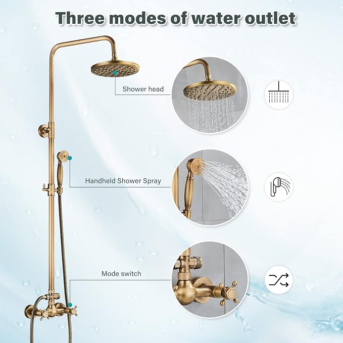 NeierThodore Antique Brass Bathroom Shower Faucet System Set 8 Inch Rainfall - Image 2